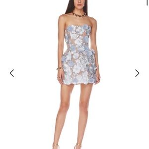 Bronx and Banco Strapless 3D Floral Mini Dress in Light Blue and White